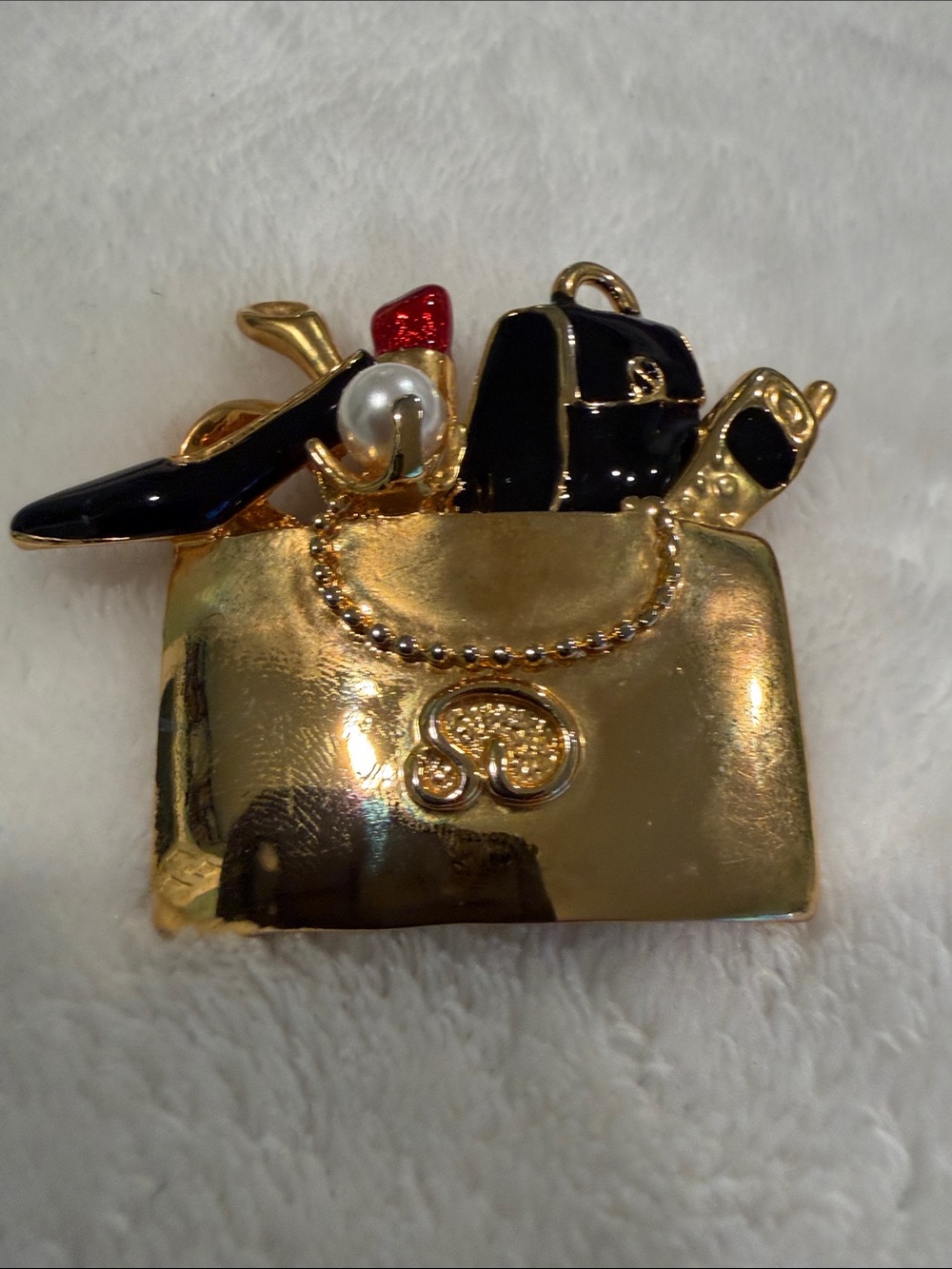 St. John Gold Mini Handbag Brooch with Black & Red Accents